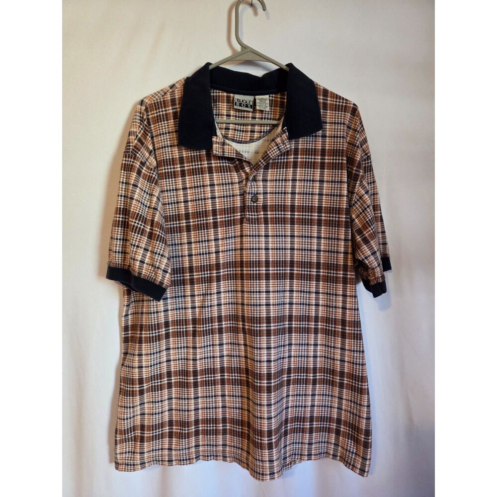 Vintage Bugle Boy Plaid Polo Shirt XL Orange White Navy 90s Grunge Preppy